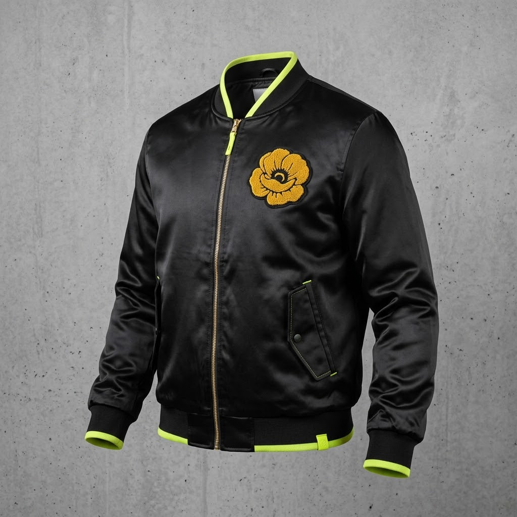 Tall Poppy Knockers Bomber — satin bomber jacket with a gold chenille poppy patch on the chest.