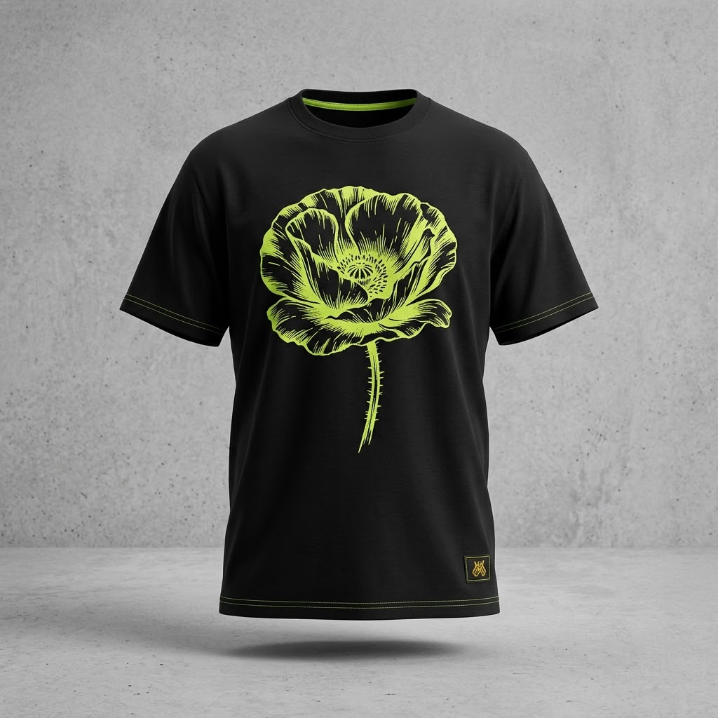 Tall Poppy Patch Tee — heavyweight cotton tee with a front graphic and a manifesto stanza printed across the back.