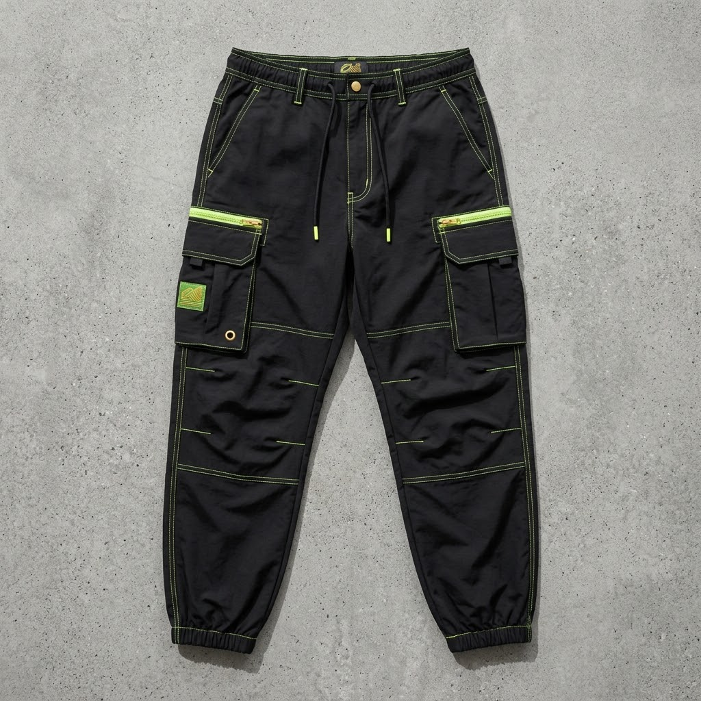 Tall Poppy Ratbag Cargo Pants — technical cargo pants with acid-lime stitched seams and a poppy tab at the ankle.